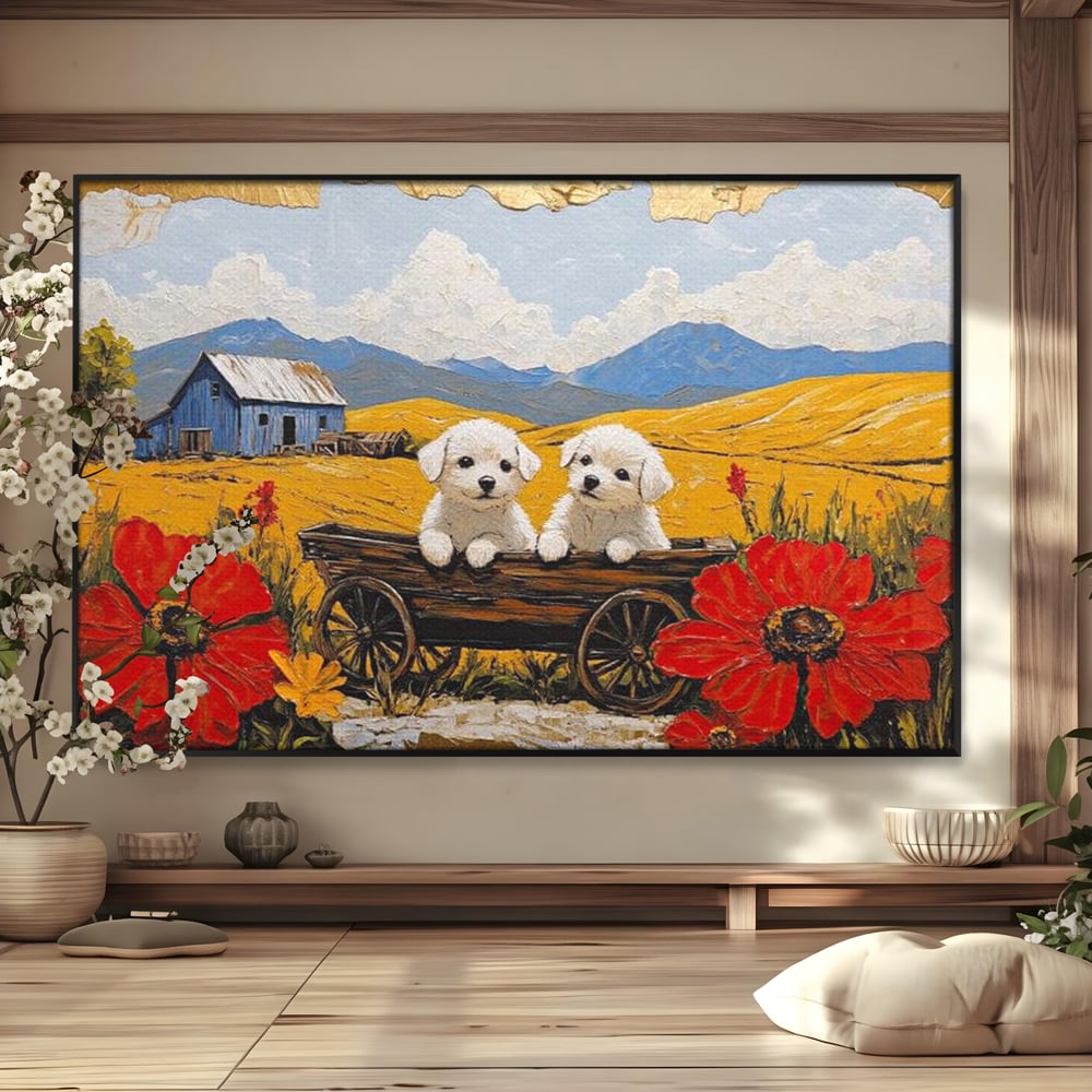 Tablou canvas cu tablou canvas cu catei in caruta si maci, in rama de aluminiu negru